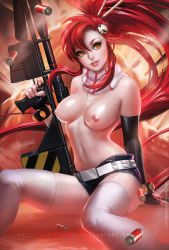  00s 1girl breasts female_focus gloves gun hair_ornament large_breasts navel nipples parted_lips red_hair rifle sakimichan scarf shorts sitting sniper_rifle solo tengen_toppa_gurren_lagann thighhighs third-party_edit topless weapon white_thighhighs yellow_eyes yoko_littner zettai_ryouiki  rating:Questionable score:145 user:Lunacy