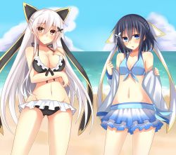  2girls bad_id bad_pixiv_id beach bikini black_bikini blue_bikini blue_eyes blue_hair blush breast_rest breasts bug butterfly butterfly_hair_ornament choose cloud day etna_(kuzuyu) hair_between_eyes hair_ornament hair_ribbon hairpin hand_on_own_chest highres insect komori_kuzuyu large_breasts long_hair looking_at_viewer multiple_girls navel ocean open_mouth original outdoors red_eyes ribbon rivier_(kuzuyu) short_hair silver_hair skirt sky small_breasts straight_hair swimsuit water 