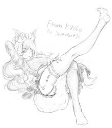  absurdres animal_ears arm_behind_head between_legs blush fox_ears fox_girl genderswap hand_on_thigh highres legs_up long_hair maid maid_headband covered_erect_nipples sea_military skirt tail tail_between_legs thighhighs  rating:Questionable score:2 user:Sea_Military_Fan01