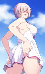 1girl 846-gou absurdres ass back bare_shoulders blue_sky breasts dress_swimsuit fate/grand_order fate_(series) glasses hair_over_one_eye highres large_breasts light_purple_hair looking_at_viewer looking_back mash_kyrielight mash_kyrielight_(swimsuit_of_perpetual_summer) one-piece_swimsuit open_mouth purple_eyes short_hair sky smile solo swimsuit thighs white_one-piece_swimsuit rating:Questionable score:48 user:danbooru