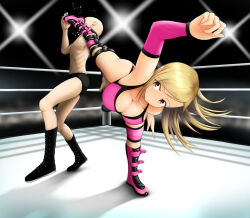  1boy 1girl artist_request defeat femdom kicking tagme wrestling wrestling_outfit wrestling_ring 