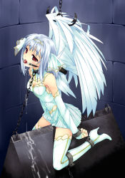  1girl angel angel_wings ball_gag bdsm bondage bound chain character_request collar cuffs gag murakami_suigun red_eyes saliva shackles solo source_request tears thighhighs torture white_hair white_thighhighs wings wooden_horse zettai_ryouiki  rating:Explicit score:116 user:germinator