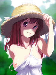  1girl breast_slip breasts brown_hair hat highres long_hair nipples one_breast_out pink_eyes red_hair small_breasts smile solo st+1 strap_slip straw_hat  rating:Questionable score:48 user:danbooru