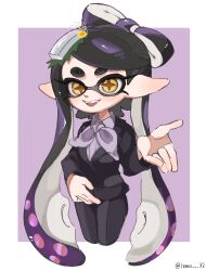  1girl absurdres black_hair border bow-shaped_hair callie_(splatoon) cropped_legs eyelashes gradient_hair highres inkling lemo_(lemo_4) long_hair looking_at_viewer mole mole_under_eye multicolored_hair nintendo open_mouth outside_border pink_hair pointy_ears purple_background short_eyebrows simple_background smile solo splatoon_(series) splatoon_3 star-shaped_pupils star_(symbol) symbol-shaped_pupils teeth tentacle_hair thick_eyebrows two-tone_hair white_border yellow_pupils 