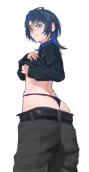 1girl ass belt blue_eyes blue_hair blue_nails blush clothes_lift collared_shirt dress_pants dress_shirt hiodoshi_ao hololive hololive_dev_is jewelry mullet nail_polish necklace pulling_own_clothes ring shirt shirt_lift sweat sweatdrop sweater tagme thong underwear undressing uzuradobin virtual_youtuber wolf_cut 