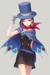  1girl ace_attorney apollo_justice:_ace_attorney bad_id bad_twitter_id black_dress blue_hat brown_hair cape dress earrings gloves hat jewelry magician one_eye_closed scarf short_hair single_earring smile solo tomari_(veryberry00) top_hat trucy_wright white_gloves  rating:Sensitive score:48 user:danbooru