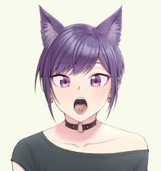  1other androgynous animal_ears black_choker black_hair black_shirt cat_ears choker collarbone ear_piercing earrings extra_ears highres jewelry looking_at_viewer o-ring o-ring_choker off_shoulder open_mouth original pas&#039;_black-haired_catperson pas_(paxiti) piercing purple_eyes purple_hair shirt short_hair simple_background solo tongue tongue_out tongue_piercing  rating:Sensitive score:20 user:danbooru