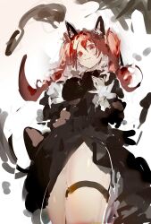  1girl :3 animal_ears black_dress blush braid cat_ears cat_girl closed_mouth dress highres kaenbyou_rin long_hair long_sleeves looking_at_viewer po_(anhk5528) red_eyes side_braids sketch solo thigh_strap thighs touhou twin_braids white_background 
