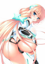  1girl angela_balzac ass bare_shoulders blonde_hair blue_eyes blush bodysuit breasts cameltoe covered_erect_nipples elbow_gloves from_behind gloves hair_ornament headgear large_breasts leotard long_hair looking_at_viewer looking_back low_twintails ninoko open_mouth rakuen_tsuihou simple_background solo thong thong_leotard twintails very_long_hair white_background  rating:Questionable score:59 user:danbooru