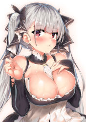 1girl azur_lane bare_shoulders blunt_bangs blush breasts cleavage detached_sleeves dress earrings formidable_(azur_lane) grey_hair hair_ribbon hand_on_own_chest highres jewelry kawai_(purplrpouni) large_breasts long_hair looking_at_viewer parted_lips red_eyes ribbon simple_background sleeves_past_wrists solo sweat twintails upper_body wet white_background rating:Sensitive score:28 user:danbooru