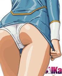  1girl agent_aika aika_(series) ass ass_focus blue_delmo blue_jacket blue_skirt delmo delmogeny_uniform from_behind head_out_of_frame highres jacket legs panties pantyshot pencil_skirt shabazik shiny_skin skirt solo thighs underwear white_panties  rating:Questionable score:13 user:deviantlurk