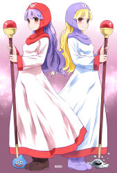  1girl blonde_hair boots breasts closed_mouth curly_hair dragon_quest dragon_quest_ii dress full_body highres hood long_hair looking_at_viewer metal_slime noto_(soranoto) princess princess_of_moonbrook purple_hair slime_(dragon_quest) smile solo staff 
