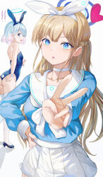  ! !! 2girls absurdres animal_ears arona_(blue_archive) arona_(blue_archive)_(cosplay) bare_shoulders blonde_hair blue_archive blue_eyes blue_footwear blue_hair blue_hairband blue_leotard blue_shirt bow breasts coat collarbone commentary_request cosplay costume_switch fake_animal_ears hair_ribbon hairband halo hand_on_own_hip highres leotard long_hair long_sleeves mosta_(lo1777789) multicolored_hair multiple_girls outstretched_arm pink_hair pleated_skirt puffy_long_sleeves puffy_sleeves rabbit_ears ribbon sailor_collar school_uniform serafuku shirt shoes simple_background skirt small_breasts strapless strapless_leotard thighhighs toki_(blue_archive) toki_(blue_archive)_(cosplay) toki_(bunny)_(blue_archive) two-tone_hair v very_long_hair white_background white_bow white_coat white_hairband white_ribbon white_sailor_collar white_skirt white_thighhighs wrist_cuffs 