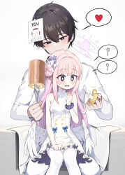  1boy 1girl absurdres aged_down black_eyes black_hair blue_archive breasts cake commentary_request cum cumdrip doodle_sensei_(blue_archive) dress food fork gro_(lee145879) hair_between_eyes halo highres holding holding_fork long_hair mika_(blue_archive) pacifier pink_hair pink_halo sensei_(blue_archive) short_hair sleeveless sleeveless_dress small_breasts swiss_roll white_dress  rating:Sensitive score:60 user:danbooru