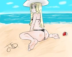  1girl ass bad_id bad_twitter_id beach blonde_hair creatures_(company) day game_freak green_eyes lillie_(pokemon) nintendo poke_ball pokemon solo  rating:Explicit score:12 user:sillykwilly