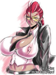  bash-inc belt between_breasts braid breasts capcom cleavage crimson_viper dark_skin earrings covered_erect_nipples huge_breasts jacket jewelry leather lipstick makeup midriff muscular necktie open_clothes open_shirt pixiv_sample red_hair resized shirt street_fighter street_fighter_iv_(series) sunglasses  rating:Questionable score:32 user:Orbitjewel