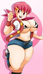  1girl animal_print armband breasts cow_print cow_print_bra creatures_(company) game_freak hair_ornament highres huge_breasts nintendo pink_hair pokemon pokemon_hgss red_eyes shadow shoes short_shorts shorts smile sneakers solo sonson-sensei striped_legwear thick_thighs thighs whitney_(pokemon)  rating:Questionable score:31 user:blazing_dynamo