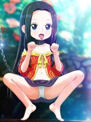  1girl aged_down animal_collar black_hair boa_hancock chain collar dog_girl female_focus flat_chest heart heart-shaped_pupils leash leash_and_collar loli long_hair navel one_piece panties spread_legs symbol-shaped_pupils tongue tongue_out underwear  rating:Sensitive score:33 user:Hunter_of_Lolis