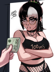 1girl 1other absurdres annoyed arms_under_breasts banknote black_choker black_eyes black_hair blunt_bangs bra bra_peek breasts choker cleavage crossed_arms ear_piercing fishnets glasses green_scrunchie hair_ornament hair_stick highres holding holding_money implied_prostitution jewelry large_breasts lip_piercing mika_(veyonis) money multicolored_hair navel necklace nose_piercing original piercing ponytail print_shirt scrunchie shirt solo squiggle tank_top two-tone_hair underwear veyonis 