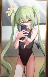  1girl :d absurdres alternate_costume black_one-piece_swimsuit blue_archive blurry breasts cellphone collarbone commentary_request covered_navel depth_of_field doodle_sensei_(blue_archive) green_hair groin hair_between_eyes halo head_tilt highleg highleg_swimsuit highres holding holding_phone indoors kirishiroart long_hair looking_at_viewer mirror nozomi_(blue_archive) one-piece_swimsuit open_mouth phone pointy_ears selfie sensei_(blue_archive) sidelocks small_breasts smartphone smile solo_focus swimsuit taking_picture twintails v yellow_eyes 