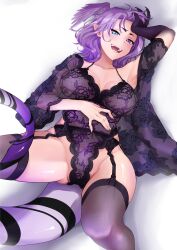  1girl absurdres asymmetrical_arms black_bra black_panties blue_eyes bra commentary english_commentary feet_out_of_frame from_above garter_belt garter_straps hand_on_own_head head_wings heterochromia highres lingerie looking_at_viewer lying medium_hair nijisanji nijisanji_en on_back open_mouth panties pointy_ears purple_eyes purple_hair see-through_bra see-through_panties selen_tatsuki smile solo tail thighhighs underwear virtual_youtuber white_background wings yarashi_thought 