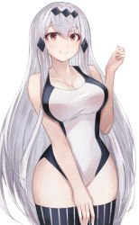  1girl absurdres abyssal_ship aircraft_carrier_water_oni bare_arms bare_shoulders beisaku_bei black_thighhighs breasts cleavage closed_mouth collarbone commentary_request competition_swimsuit hand_up highres kantai_collection large_breasts long_hair looking_at_viewer one-piece_swimsuit red_eyes simple_background smile solo swimsuit thighhighs white_background 