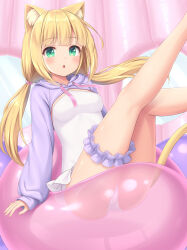  1girl :o animal_ears balloon blonde_hair blunt_bangs blush breasts bridal_garter casual_one-piece_swimsuit cat_ears cat_girl cat_tail feet_out_of_frame green_eyes highres long_hair low_twintails medium_breasts one-piece_swimsuit original sasaame shrug_(clothing) sitting solo swimsuit tail twintails white_one-piece_swimsuit 