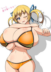  1girl absurdres bikini blonde_hair blue_eyes breasts bursting_breasts cleavage curvy gigantic_breasts hair_ribbon highres inconvenient_breasts moralgear one_eye_closed original pain ribbon solo standing swimsuit twintails wince  rating:Questionable score:77 user:animeboy12