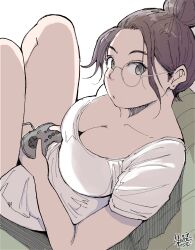  1girl absurdres breasts commentary_request controller game_controller glasses hadashi_no_kenji hair_bun highres jimiko knees_up large_breasts looking_at_viewer original plump shirt short_hair simple_background single_hair_bun sitting solo white_background white_shirt  rating:Sensitive score:27 user:danbooru