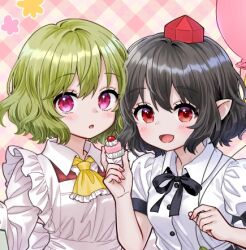  2girls :d :o ama-tou apron ascot balloon black_bow black_hair bow breasts collared_shirt commentary_request dress_shirt food frilled_apron frilled_ascot frills green_hair hand_up hat holding holding_balloon holding_food kazami_yuuka looking_at_viewer lowres medium_breasts mini_hat multiple_girls open_mouth parted_lips plaid plaid_background pointy_ears purple_eyes red_eyes red_hat red_vest shameimaru_aya shirt smile tokin_hat touhou upper_body vest white_apron white_shirt yellow_ascot 