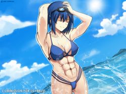  1girl abs absurdres beach bikini blue_hair ciel_(tsukihime) goggles highres ocean swimsuit tsukihime water  rating:Sensitive score:9 user:Green_Yevon