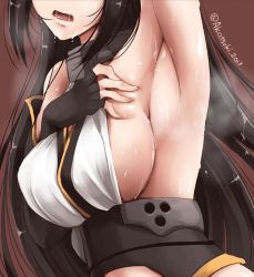 10s 1girl akatsuki_akane arm_up armpits arms_up bare_shoulders black_hair breasts fingerless_gloves gloves head_out_of_frame kantai_collection large_breasts long_hair md5_mismatch nagato_(kancolle) open_mouth resized saliva sideboob solo sweat sweatdrop twitter_username rating:Sensitive score:56 user:danbooru