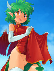 1girl between_labia between_legs blush breasts brown_eyes china_dress chinese_clothes clothes_lift colored_pubic_hair draco_centauros dragon_horns dragon_tail dragon_wings dress dress_lift elbow_gloves fang female_focus female_pubic_hair gloves green_hair highres horns lifting_own_clothes no_panties open_mouth outdoors pelvic_curtain pointy_ears pubic_hair pussy puyopuyo sega short_hair small_breasts smile solo stupa13a tail tail_between_legs thighhighs white_thighhighs wings rating:Explicit score:92 user:Dweenie