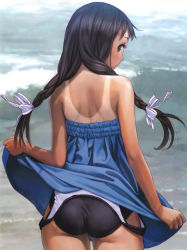  1girl ass bare_shoulders black_hair blue_dress blush braid brown_eyes clothes_lift clothes_pull cowboy_shot curvy dress dress_lift from_behind hair_over_shoulder hair_ribbon highres lifted_by_self long_hair looking_back low-tied_long_hair murata_range ocean one-piece_swimsuit one-piece_swimsuit_pull one-piece_tan original ribbon scan school_swimsuit skirt skirt_lift smile solo strapless strapless_dress swimsuit swimsuit_under_clothes tan tanline twin_braids twintails wide_hips  rating:Sensitive score:216 user:danbooru