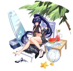  1girl absurdly_long_hair animal_print artist_request bare_legs bare_shoulders beach_chair bikini black_bikini black_coat black_footwear blade_(final_gear) blue_hair blunt_bangs breasts butterfly_print cleavage closed_mouth coat collarbone cooler cross-laced_clothes cross-laced_legwear dark_blue_hair drinking_straw eyewear_on_head final_gear fishnet_bikini fishnets floral_print floral_print_coat food fruit fruit_punch_(drink) full_body hair_tie half_updo high_heels high_ponytail highres holding holding_weapon kunai long_hair long_sidelocks looking_at_viewer midriff navel official_art palm_leaf palm_tree pitcher_(container) red_eyes rose_print sand see-through see-through_ball see-through_bikini see-through_cleavage see-through_coat see-through_sleeves shuriken_print sidelocks simple_background single_barefoot sitting smile solo starfish sunglasses swimsuit table tachi-e third-party_source toes transparent_background tree unworn_footwear very_long_hair watermelon weapon 