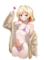  1girl absurdres bikini blonde_hair blue_eyes blue_nails breasts brown_cardigan candy cardigan collarbone cropped_legs food grin hair_intakes hair_ornament hairclip hand_up highleg highleg_bikini highres holding holding_candy holding_food holding_lollipop lollipop looking_at_viewer medium_hair multicolored_hair nail_polish navel off_shoulder open_cardigan open_clothes original parted_bangs purple_bikini ribs shenqi_xiaohuang simple_background small_breasts smile solo standing streaked_hair swimsuit thigh_gap white_background 