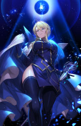  1girl ahoge aiguillette artoria_pendragon_(fate) artoria_pendragon_(lancer)_(fate) artoria_pendragon_(lancer)_(formal_dress)_(fate) belt black_thighhighs blonde_hair blue_eyes blue_gloves blue_jacket blue_skirt blue_thighhighs braid breasts cape chain commentary_request fate/grand_order fate_(series) french_braid from_below gloves hair_between_eyes heroic_spirit_formal_dress highres holding jacket kakage large_breasts looking_at_viewer medium_breasts military military_jacket military_uniform miniskirt parted_lips popped_collar rhongomyniad_(fate) short_hair short_hair_with_long_locks side_slit sidelocks skirt solo standing swept_bangs thighhighs thighs uniform weapon white_cape  rating:Sensitive score:49 user:danbooru