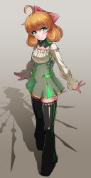 1girl android bare_shoulders black_thighhighs bow breasts curly_hair freckles green_eyes green_skirt hair_bow orange_hair penny_polendina pink_bow rwby skirt solo thighhighs rating:Sensitive score:5 user:twilight_jester