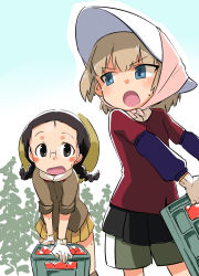 arm_support bad_id bad_pixiv_id bandana black_hair blue_sky blush_stickers bonnet boots braid brown_eyes brown_footwear brown_headwear brown_jacket brown_shorts casual chi-hatan_military_uniform commentary day food frown fruit fukuda_haru girls_und_panzer glasses gloves hat highres jacket katyusha_(girls_und_panzer) knee_boots leaning_forward long_hair long_sleeves looking_at_another looking_back military military_uniform miniskirt ogihara_mach outdoors plant pleated_skirt red_shirt round_eyewear shirt short_hair shorts skirt sky sleeves_rolled_up sun_hat sweat tomato twin_braids twintails uniform white_gloves white_headwear yellow_skirt rating:Sensitive score:1 user:danbooru