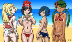  4girls :p ass backpack bag bare_arms bare_shoulders beach bhawk bikini black_hair blonde_hair blue_eyes blue_hair closed_mouth clothes_lift covering_breasts covering_privates cowboy_shot creatures_(company) dark-skinned_female dark_skin flashing flat_chest flower game_freak green_eyes green_hair hair_flower hair_ornament half-closed_eyes hat lana_(pokemon) lillie_(pokemon) lineup loli long_hair looking_at_viewer mallow_(pokemon) matching_hair/eyes multiple_girls navel nintendo ocean one-piece_swimsuit one_eye_closed outdoors panties pleated_skirt pokemon pokemon_sm ponytail selene_(pokemon) shirt shirt_lift short_hair short_sleeves skirt skirt_lift smile swimsuit t-shirt thigh_gap tongue tongue_out topless twintails underwear v wedgie wink 