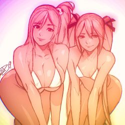  2girls bent_over bikini breasts cleavage curvy dead_or_alive dead_or_alive_5 flat_chest hair_ribbon highres honoka_(doa) huge_breasts long_hair looking_at_viewer marie_rose micro_bikini monochrome multiple_girls ribbon robaato side-by-side side_ponytail sketch swimsuit two_side_up underboob v_arms very_long_hair wide_hips  rating:Sensitive score:68 user:danbooru