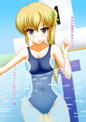  1girl blonde_hair blue_one-piece_swimsuit blush breasts cleavage collarbone competition_swimsuit green_ribbon hair_ribbon long_hair looking_at_viewer medium_breasts nonchalant_peeing one-piece_swimsuit open_mouth original partially_submerged peeing peeing_self peeing_underwater ponytail pool pullpull_(ieee1394beta) purple_eyes ribbon side_ponytail smile swimsuit translated water  rating:Questionable score:18 user:showerpisser