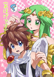  1boy 1girl ? ahoge angel angel_wings armlet blue_eyes brown_hair collarbone diadem green_hair hand_on_another&#039;s_shoulder kid_icarus kid_icarus_uprising laurel_crown looking_at_another nintendo open_mouth palutena pink_background pit_(kid_icarus) star_(symbol) suno_(imydream) sweat wings 