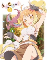  1girl ahoge artist_request blonde_hair blu-ray_cover blush breasts chibi_dragon cleavage commentary_request copyright_name cover endro! fai_fai fingerless_gloves flower gloves hair_flower hair_ornament highres iizuka_haruko looking_at_viewer medium_breasts official_art open_mouth solo yellow_eyes 