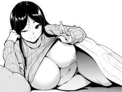1girl ;) blanket breasts cleavage clothes_lift curvy dithering flashing greyscale huge_breasts long_hair long_sleeves looking_at_viewer lying monochrome navel nipples no_bra no_pants on_side one_eye_closed original panties parted_bangs pillow ribbed_sweater shirt shirt_lift simple_background smile solo sweater sweater_lift tomohiro_kai turtleneck underboob underwear white_background rating:Questionable score:143 user:danbooru