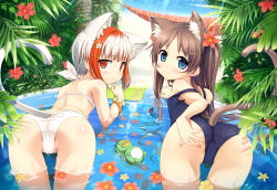 2girls 3: :3 absurdres animal_ears ass bare_shoulders beach bent_over bikini blue_eyes blue_one-piece_swimsuit blunt_bangs blush bracelet breasts cat_ears cat_girl cat_tail cura day embarrassed flat_chest flower foliage from_behind hair_flower hair_ornament hairclip hand_on_own_ass highres jewelry kemonomimi_mode leaf leaning_forward loli long_hair looking_at_viewer looking_back monobeno multicolored_hair multiple_girls ocean official_art one-piece_swimsuit outdoors palm_tree partially_submerged partially_visible_vulva plant pout presenting red_hair ripples sawai_natsuha school_swimsuit shoulder_blades smile strap_slip streaked_hair sumi_(monobeno) swimsuit tail thigh_gap towel tree twintails two-tone_hair wading wading_pool water water_drop white_bikini white_hair rating:Questionable score:163 user:danbooru