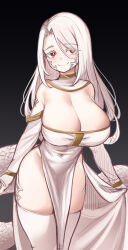  1girl breasts bridal_gauntlets cleavage closed_mouth covered_navel dress gradient_background greenopi highres lamia large_breasts long_hair looking_at_viewer monster_girl original red_eyes scales simple_background smile solo white_dress white_hair  rating:Sensitive score:49 user:danbooru