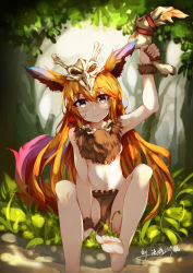  1girl absurdres barefoot blush bone bone_necklace boomerang brown_eyes feather_hair_ornament forest fur gnar gnar_(league_of_legends) hair_ornament hair_skull highres jewelry league_of_legends long_hair looking_at_viewer nature navel necklace orange_hair outdoors personification sitting skull smile solo tail tooth_necklace  rating:Sensitive score:5 user:danbooru