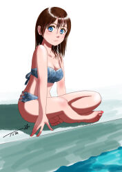  1girl arm_support barefoot bikini blue_bikini blue_eyes brown_hair chutohampa expressionless feet full_body highres indian_style looking_at_viewer medium_hair o-ring o-ring_bikini o-ring_bottom original poolside signature sitting solo swimsuit toes water wet wet_hair 