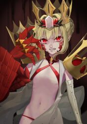  1girl bikini blonde_hair criss-cross_halter crown dragon_claw elbow_gloves facial_mark fate/grand_order fate_(series) flat_chest gloves hair_intakes halterneck highres looking_at_viewer mord_roku0131 navel nero_claudius_(fate) nero_claudius_(fate)_(all) pointy_ears queen_draco_(fate) queen_draco_(second_ascension)_(fate) red_bikini red_eyes scales solo swimsuit white_gemstone 